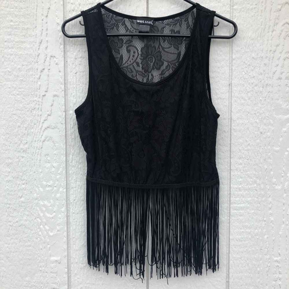 Black lace, fringe, sheer back crop top